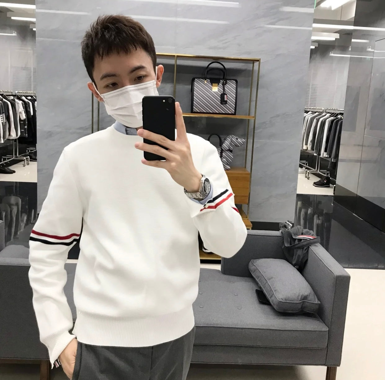 TJ / 톰브라운 스트라이프 코튼 라운드 넥 풀오버