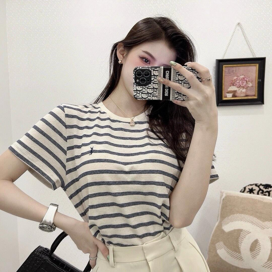 사슬 / 입생로랑 여성 스트라이프 라운드넥 반팔 티셔츠