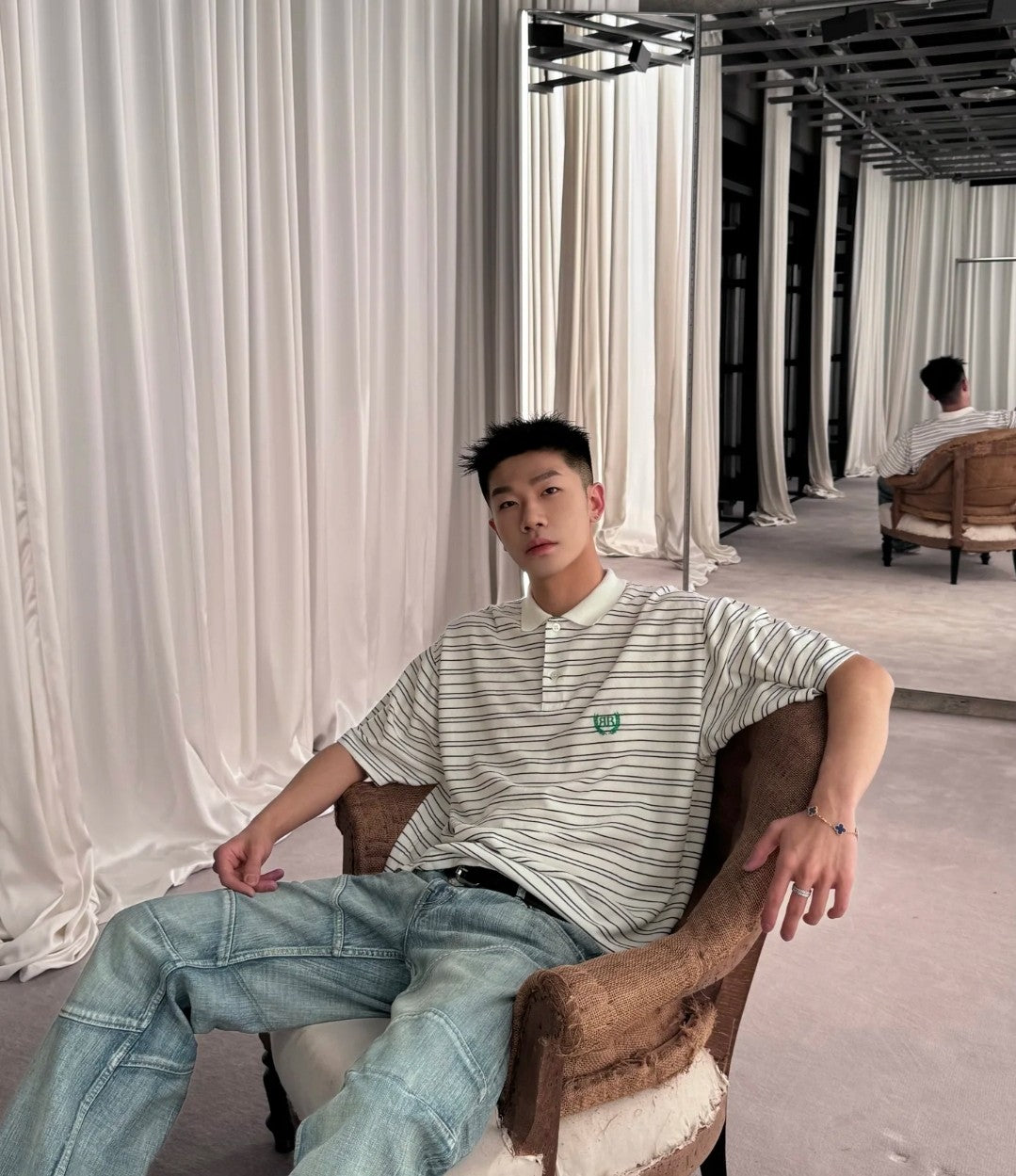 GTR / 발렌시아가 남성 스트라이프 루즈한 폴로넥 반팔 셔츠