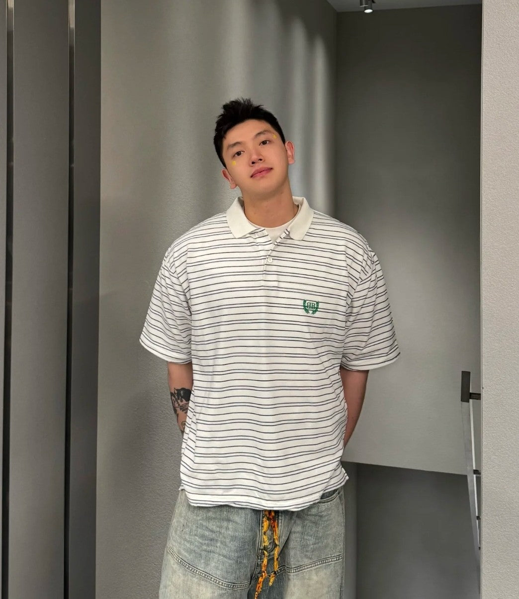 GTR / 발렌시아가 남성 스트라이프 루즈한 폴로넥 반팔 셔츠