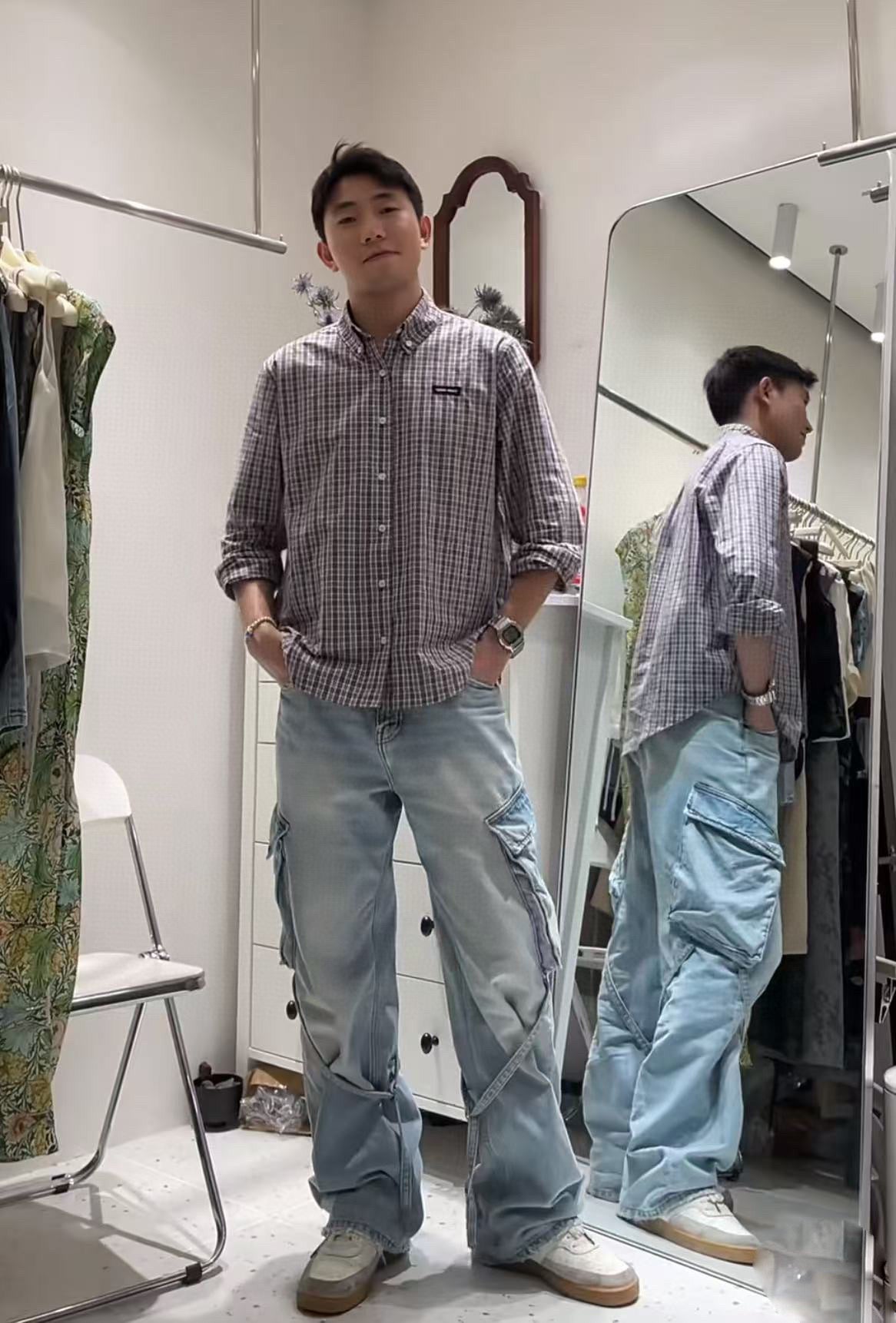 체인2호 / 미우미우 남성 체크 면 긴팔 셔츠