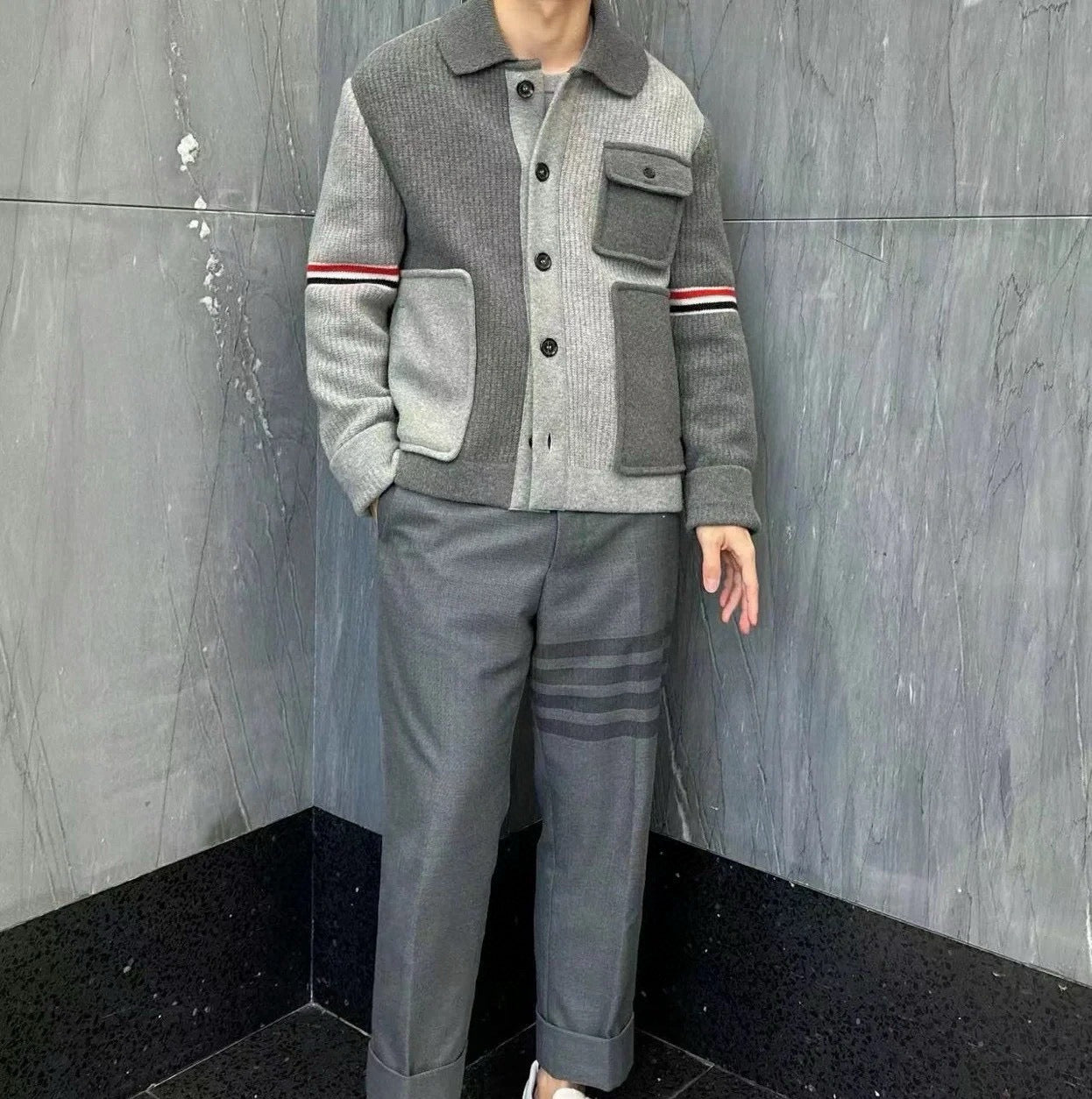 gw/톰브라운 남성 배색 니트 포켓 코트