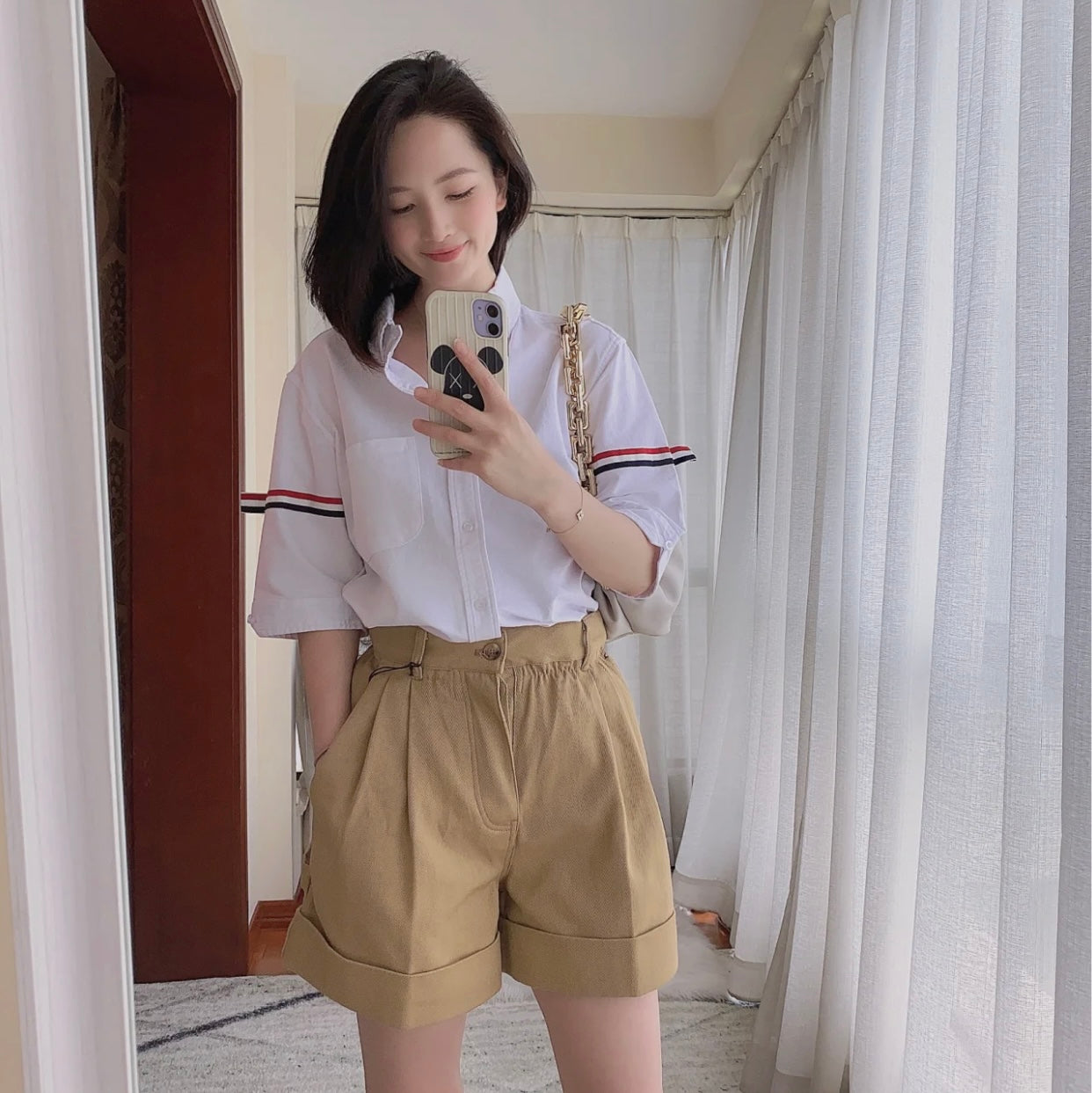 TJ / 톰브라운 여름 더블 슬리브 웹 하프 슬리브 셔츠