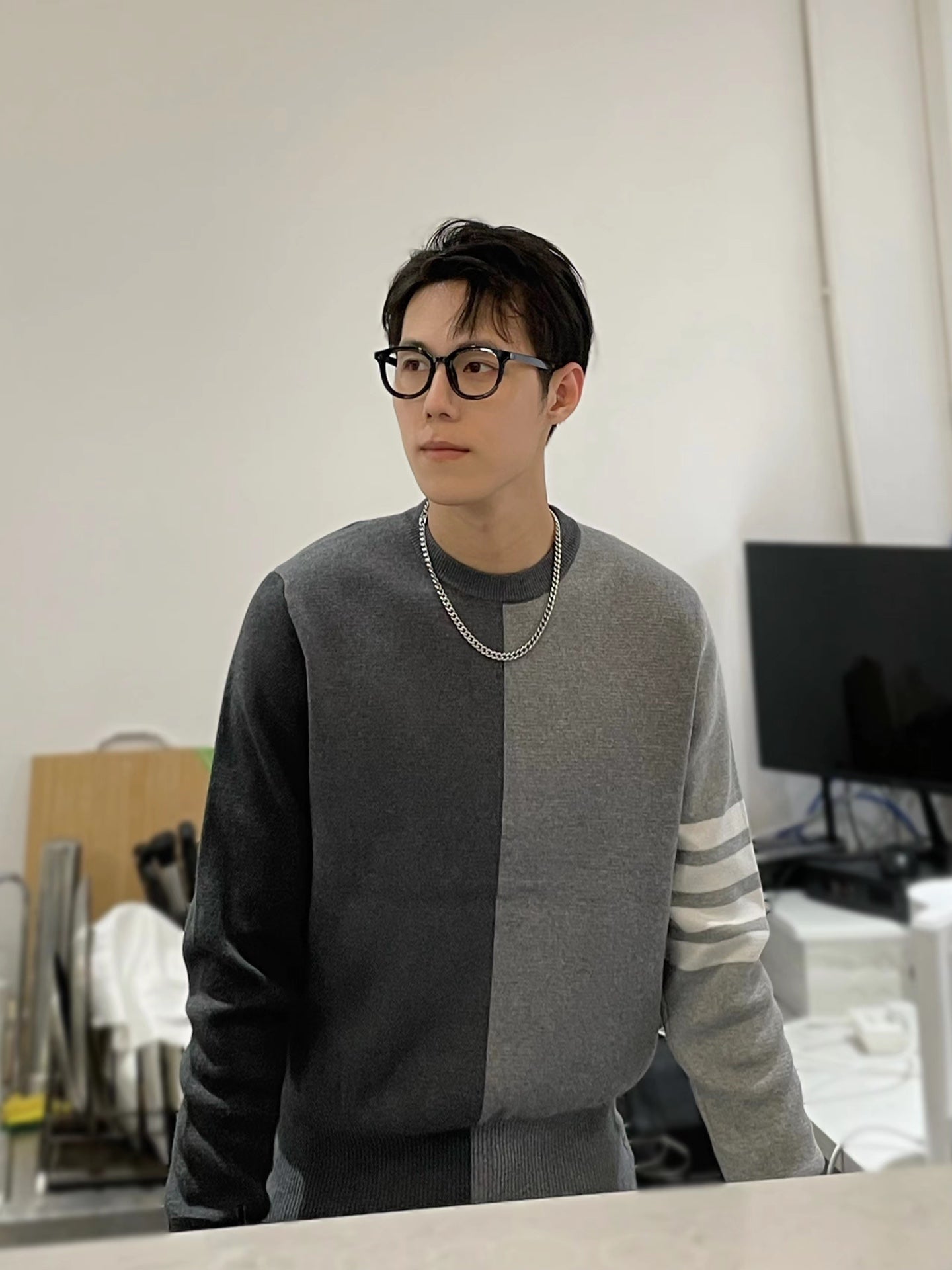 TJ / 톰브라운 니트 ,  컬러 블록 코튼 니트 크루넥 풀오버