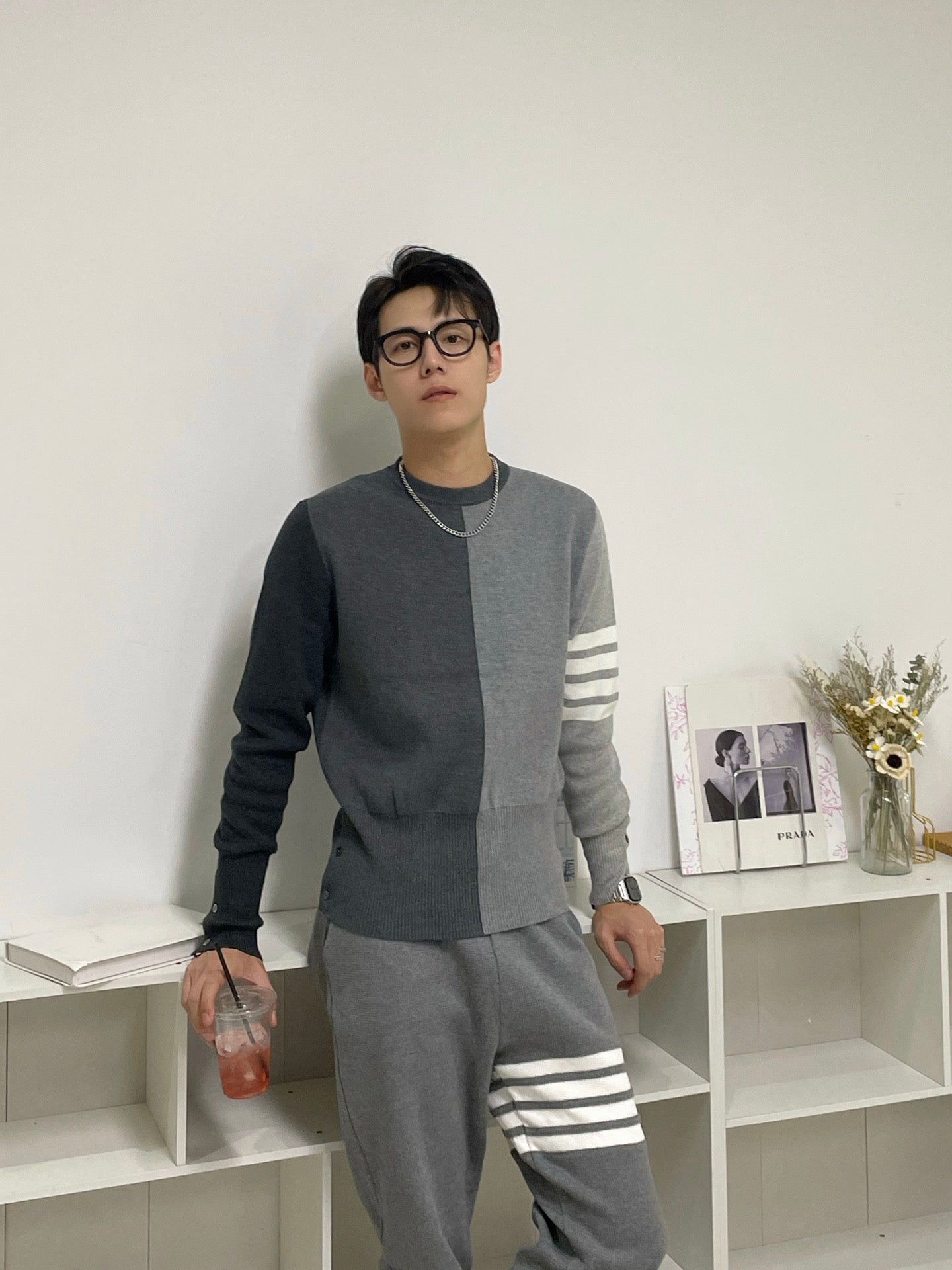 TJ / 톰브라운 니트 ,  컬러 블록 코튼 니트 크루넥 풀오버