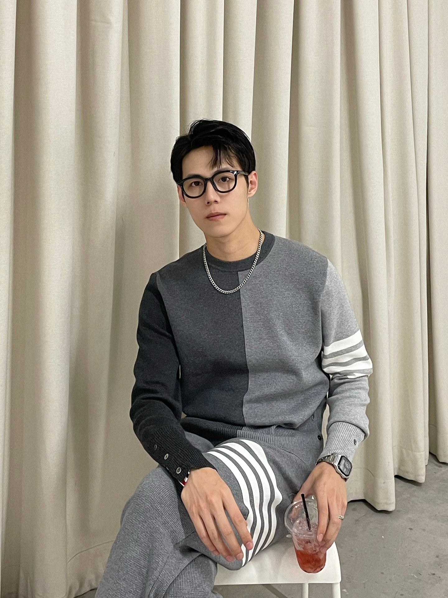 TJ / 톰브라운 니트 ,  컬러 블록 코튼 니트 크루넥 풀오버
