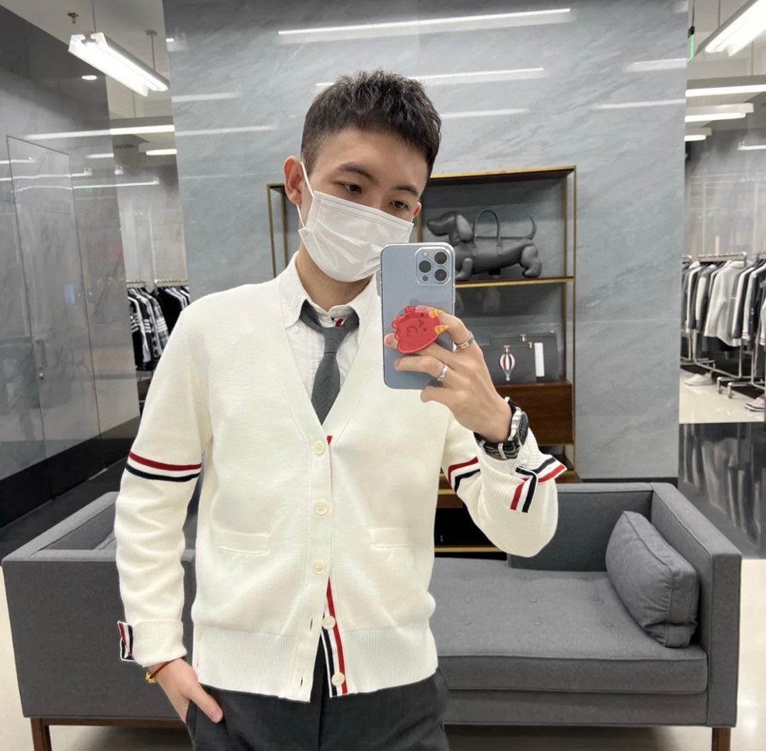 TJ / 톰브라운 순수 코튼 브이넥 니트 가디건