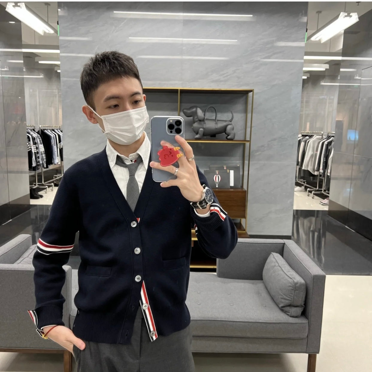 TJ / 톰브라운 순수 코튼 브이넥 니트 가디건