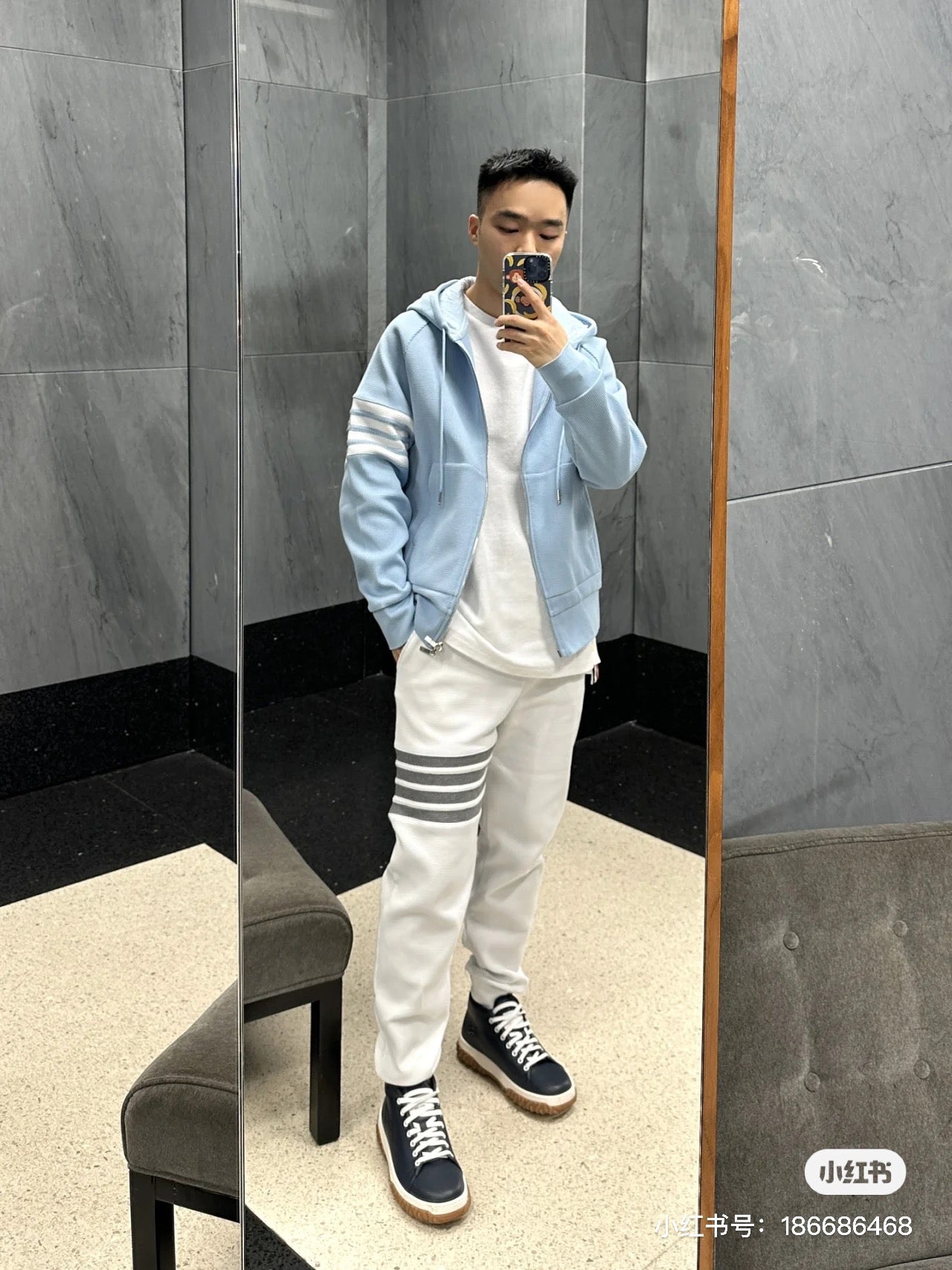 대리석 / 베이비 블루 와플 후드