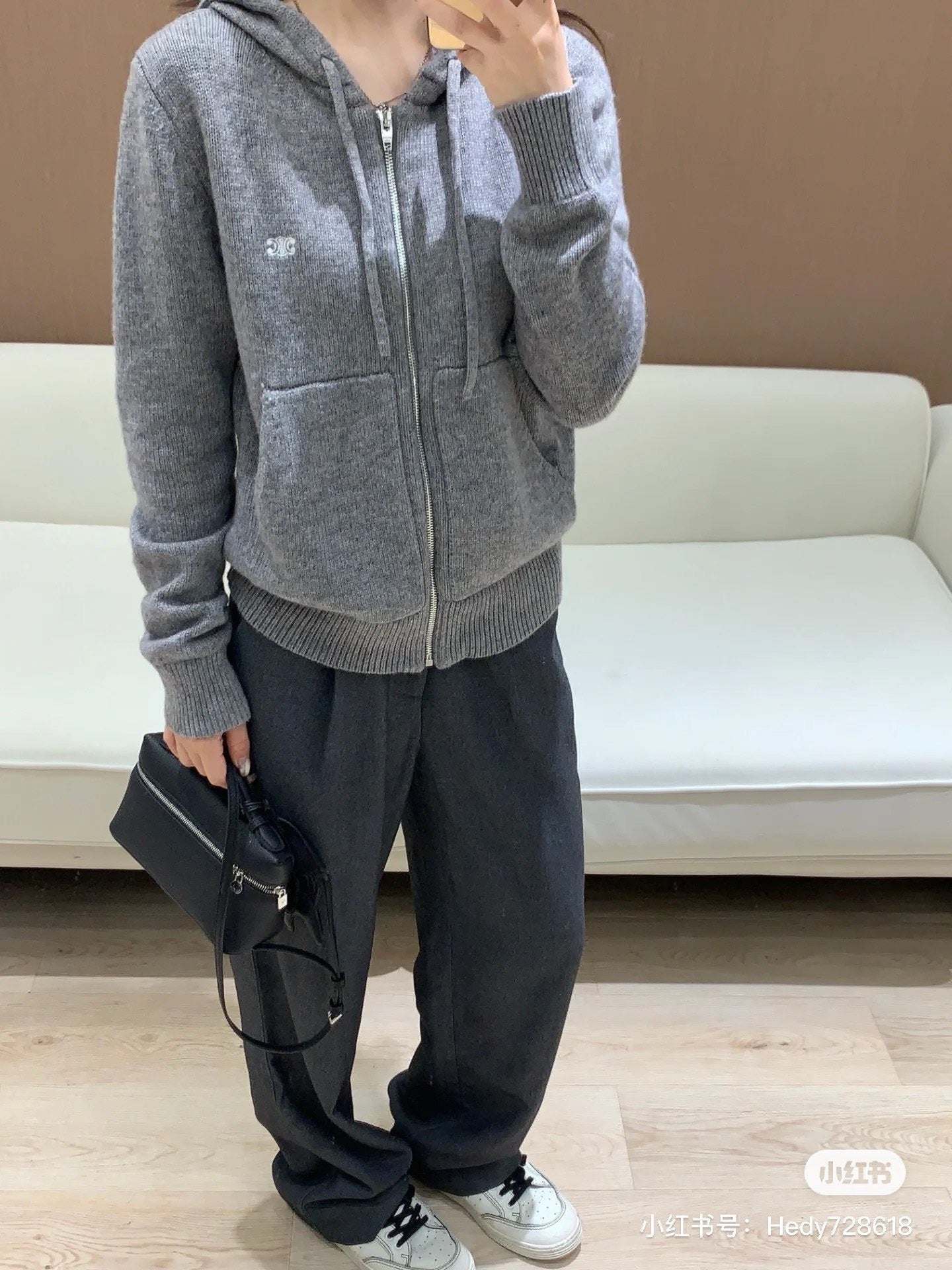 대리석 / 셀린느 트리옹프 캐시미어 울 후드 집업 그레이