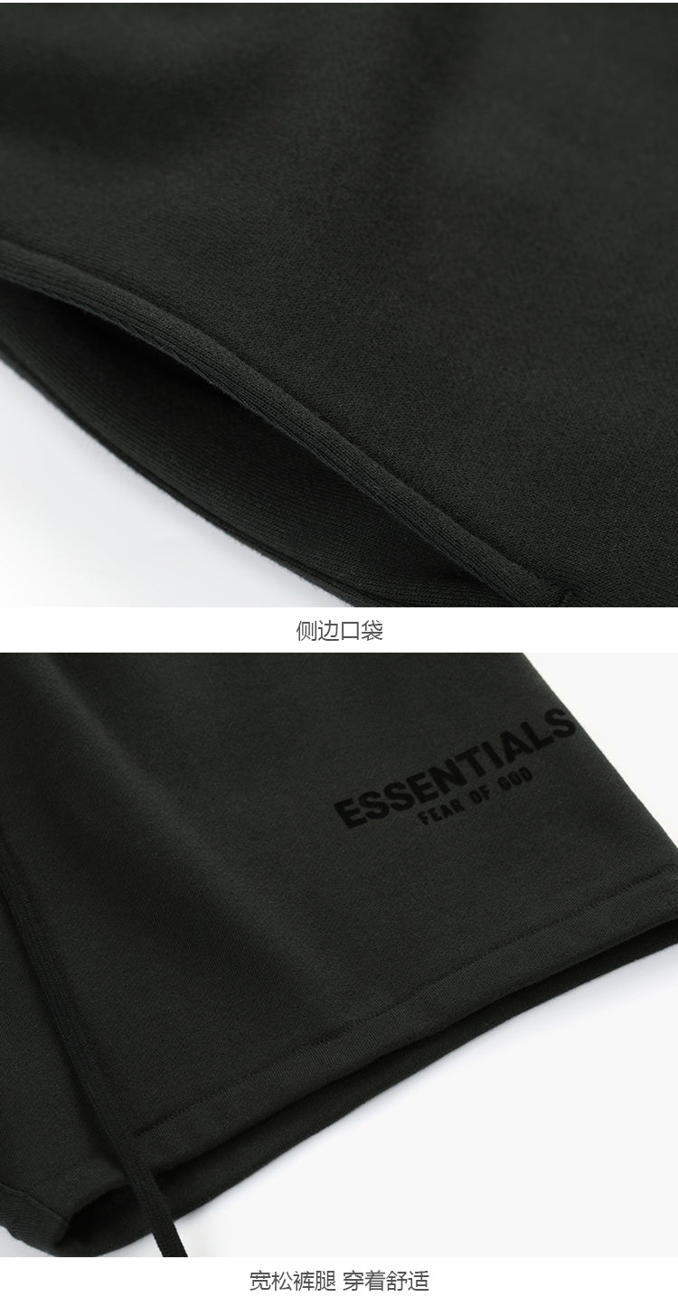 세나 /  FOG ESSENTIALS 여덟 번째 시즌 더블 라인 하이 스트리트 캐주얼 루즈 블랙 플로킹 프린트 드로스트링 쇼츠