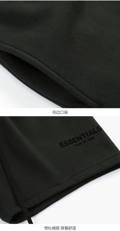 세나 /  FOG ESSENTIALS 여덟 번째 시즌 더블 라인 하이 스트리트 캐주얼 루즈 블랙 플로킹 프린트 드로스트링 쇼츠