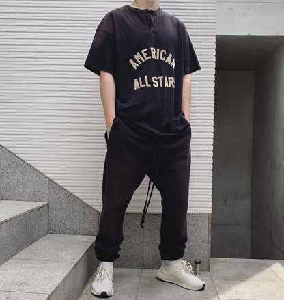 세나 /  FOG FEAR OF GOD 시즌 7 메인 라인 하이 스트리트 올스타 플로킹 프린트 헨리 칼라 반팔