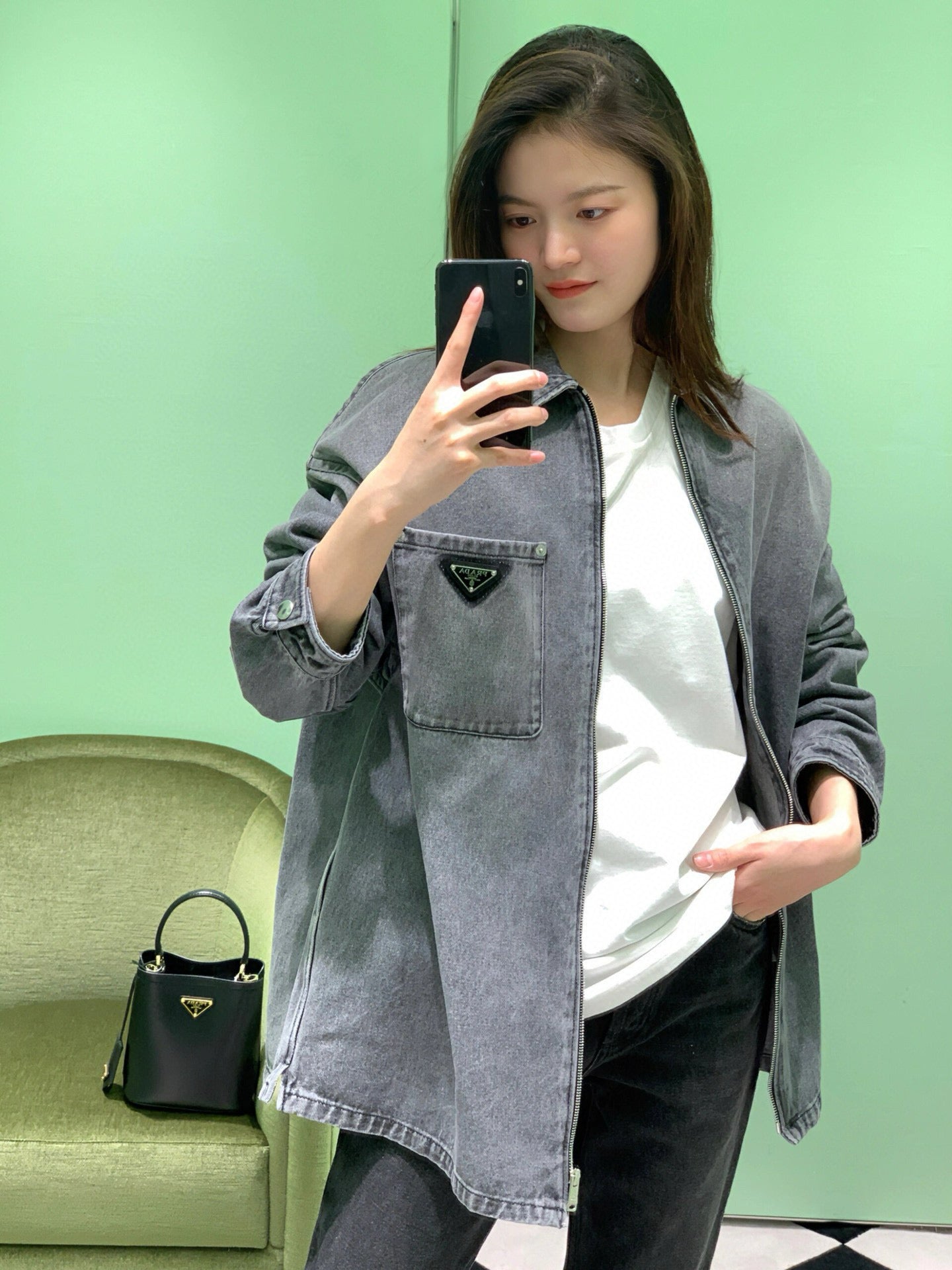gw/프라다 데님 지퍼 코트