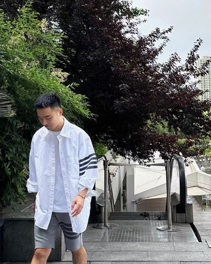 TJ / 톰브라운 오버핏 셔츠 , 𝗧𝗛𝗢𝗠 𝗕𝗥𝗢𝗪𝗡𝗘 클래식 포 스트라이프 옥스퍼드 루즈 셔츠