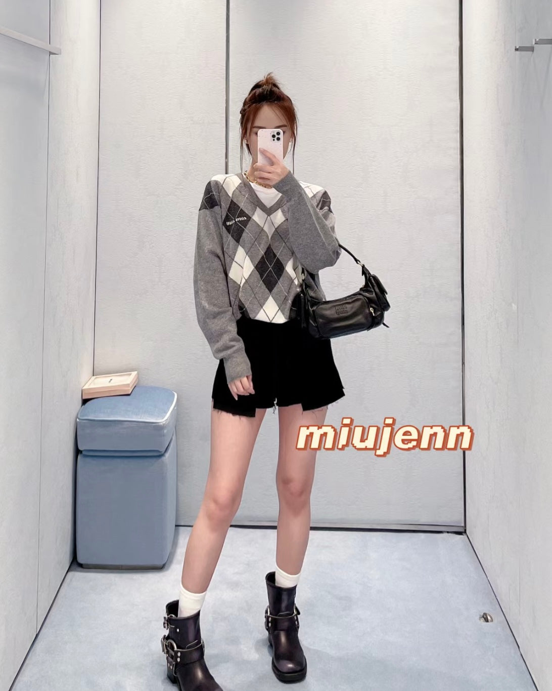 TJ / 미우미우 여성 다이아몬드 체크 캐시미어 스웨터 니트웨어