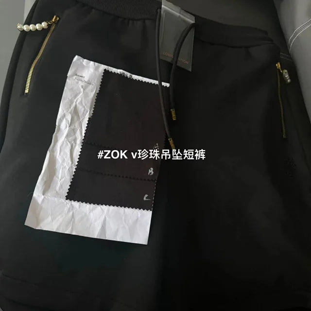 ZOK / 루이비통 반바지 , v자수 니트 숏팬츠 페이동 시리즈 진주 지퍼
