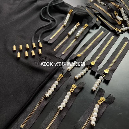 ZOK / 루이비통 반바지 , v자수 니트 숏팬츠 페이동 시리즈 진주 지퍼