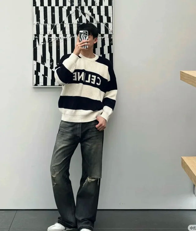 zok/셀린느 남성 스트라이프 알파벳 스웨터