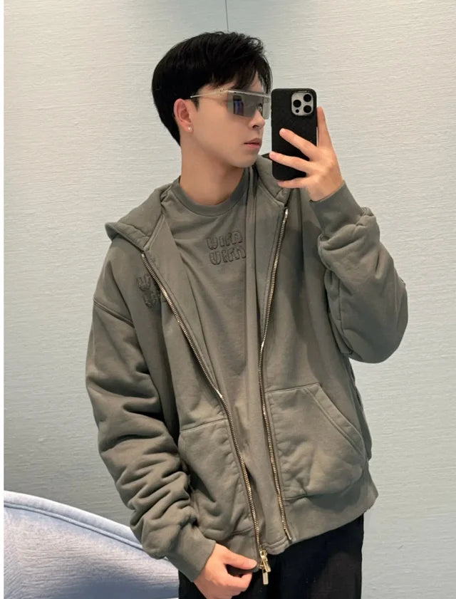 gw / 미우미우 남여 그레이 자수 면 코트