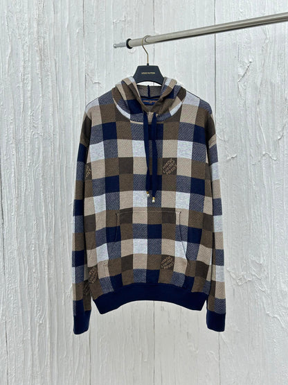 체인2호/루이 FW24 신형 피동 바둑판 합색 모직 후드 후드