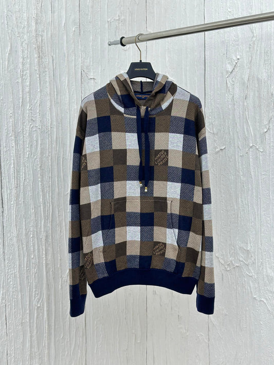 체인2호/루이 FW24 신형 피동 바둑판 합색 모직 후드 후드