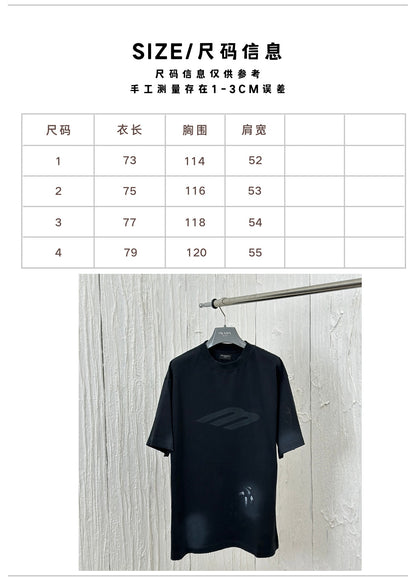 체인2호 /파리 24fw 신규 M 알파벳 프린트 손으로 그린 낙서 찢어진 반팔 티셔츠