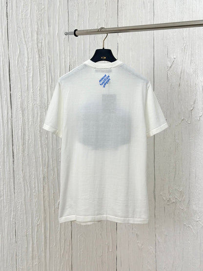 체인2호 /루이 24FW 새로운 흰색 백합 풍경 프린트 라운드 반팔