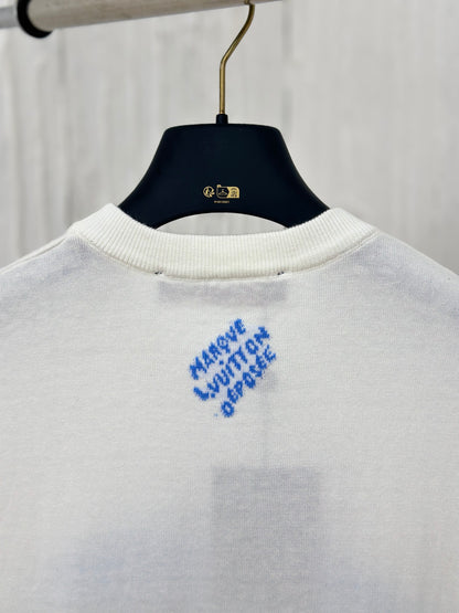 체인2호 /루이 24FW 새로운 흰색 백합 풍경 프린트 라운드 반팔