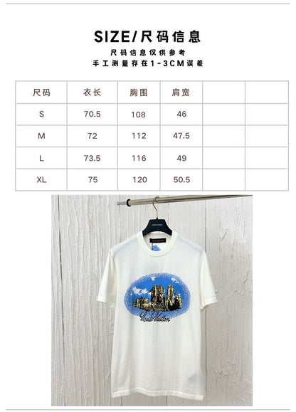 체인2호 /루이 24FW 새로운 흰색 백합 풍경 프린트 라운드 반팔