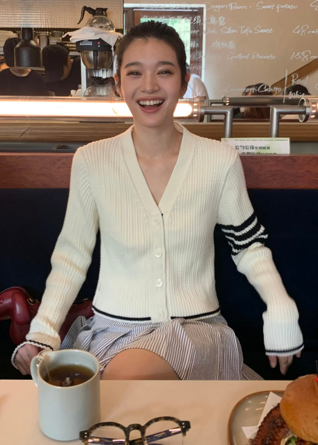 TJ셀러/톰브라운 여성 4줄무늬 V넥 카디건