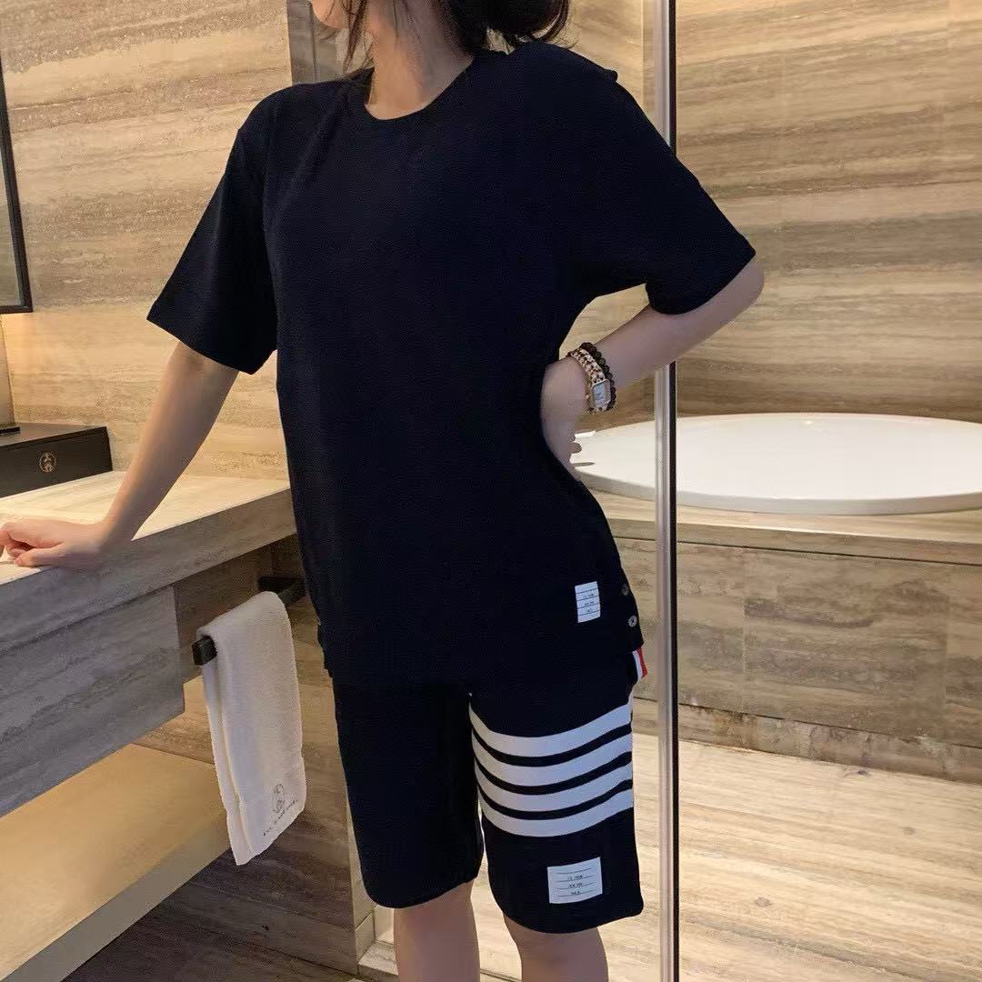 사슬 / 톰브라운 남성 솔리드 라운드넥 반팔 티셔츠 네이비