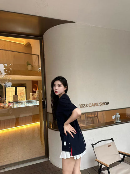 사슬 / 톰브라운 남성 솔리드 라운드넥 반팔 티셔츠 네이비