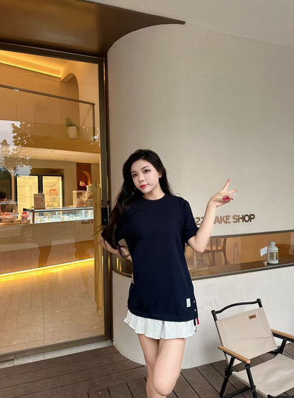 사슬 / 톰브라운 남성 솔리드 라운드넥 반팔 티셔츠 네이비