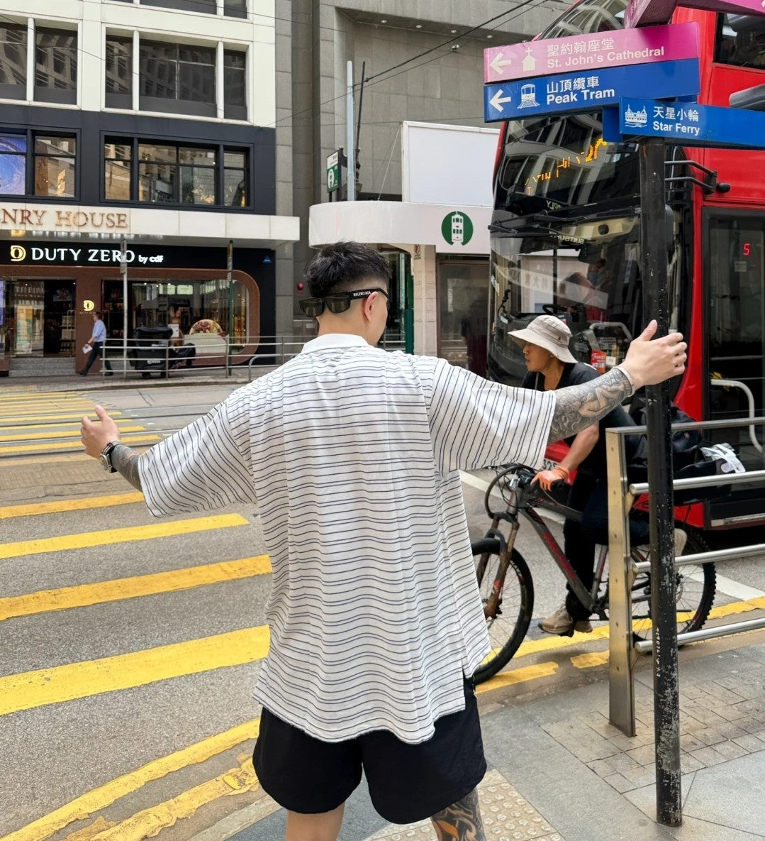 GTR / 발렌시아가 남성 스트라이프 루즈한 폴로넥 반팔 셔츠