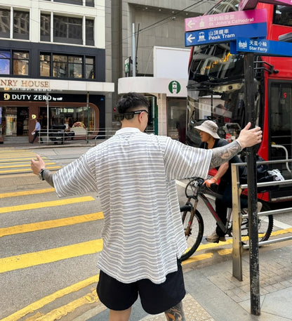 GTR / 발렌시아가 남성 스트라이프 루즈한 폴로넥 반팔 셔츠