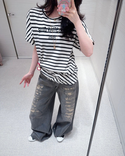 체인2호 / 디올 여성 불규칙 스트라이프 반팔 티셔츠