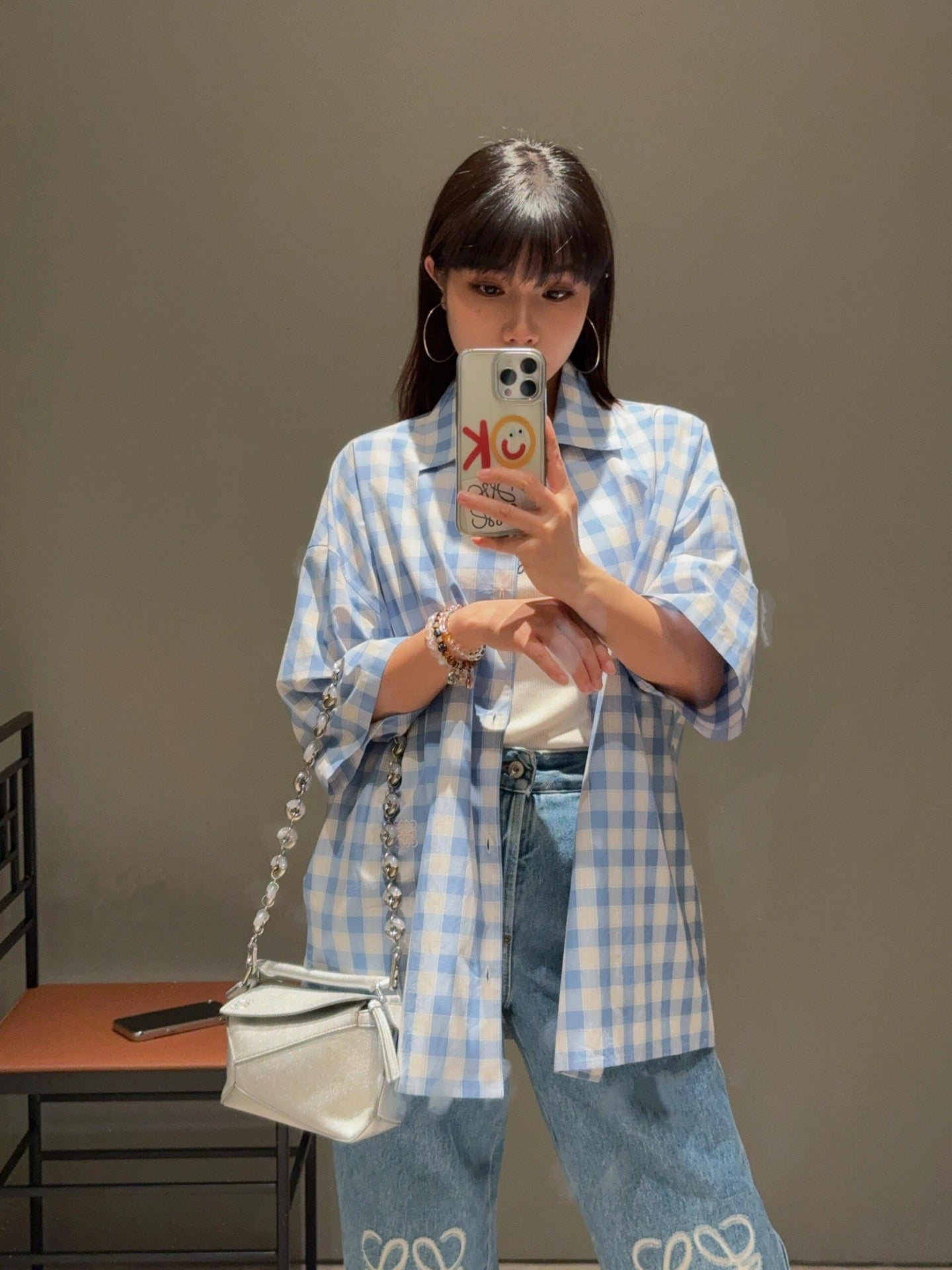 사슬 / 로에베 남성 체크 와이드 반팔 셔츠