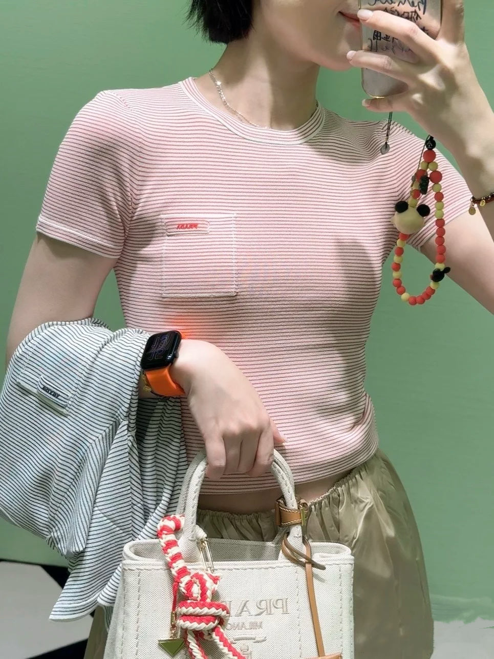 티모 공장 / 프라다 여성 스트라이프 반팔 티셔츠 핑크